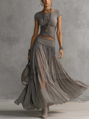 Elena Lace-Paneled Top and Pleated Maxi Skirt Set