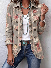 Elowyse™ | Women's Taupe Rose Floral Ruffle Jacket