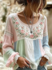Mireille | Linen Blouse with Rose Embroidery, Square Neckline & Lace Inserts