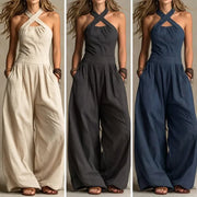 Bianca | Linen and cotton jumpsuit with an elegant crossover neckline