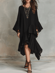 Elegant Asymmetric Ruffle Black Boho Midi Dress