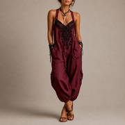 Astrid™ | Embroidered Boho Jumpsuit – Burgundy