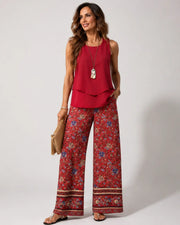 Cayetana™ | Women's Layered Top & Floral Wide-Leg Pants Two-Piece Set