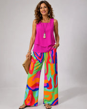 Clotilde™ | Women's Layered Top & Abstract Print Wide-Leg Pants Two-Piece Set