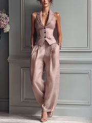 Women's two-piece set with a V-neck and buttons