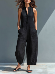 Women's Minimalist Linen Blend Button-up Stand-collar Sleeveless