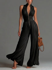Vittoria · Black Jumpsuit with V-Neck, Sleeveless Design, Zip, Pleated Waist and Wide-Leg Trousers
