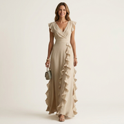 Nellyana | Wrap-style V-neck flutter-sleeve cascading ruffle maxi dress