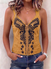 Women's Vintage Placement-print V-neck Sleeveless Casual Loose Cotton-linen Top