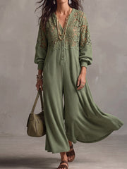 Vintage Elegant Waffle Patchwork Cutout Lace Jumpsuit