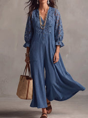 Vintage Elegant Waffle Patchwork Cutout Lace Jumpsuit