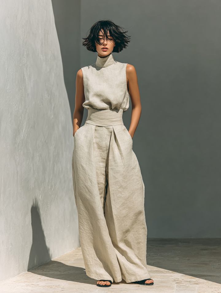 Venancia™ | Women's High-Neck Top &amp; Wide-Leg Pants Two-Piece Set