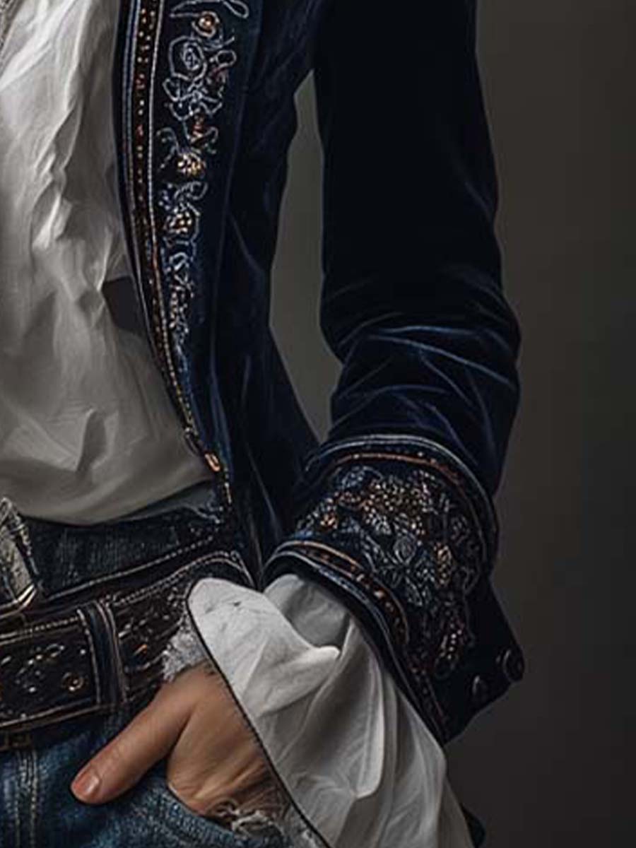 Josephine | Navy Embroidered Vintage Longline Jacket