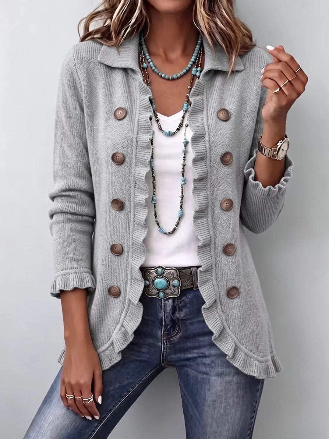 Elowen™ | Heather Grey Ribbed Knit Ruffle Jacket