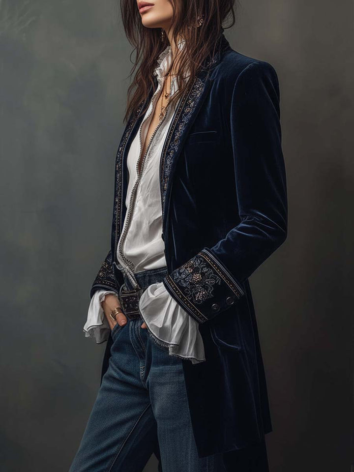 Josephine | Navy Embroidered Vintage Longline Jacket