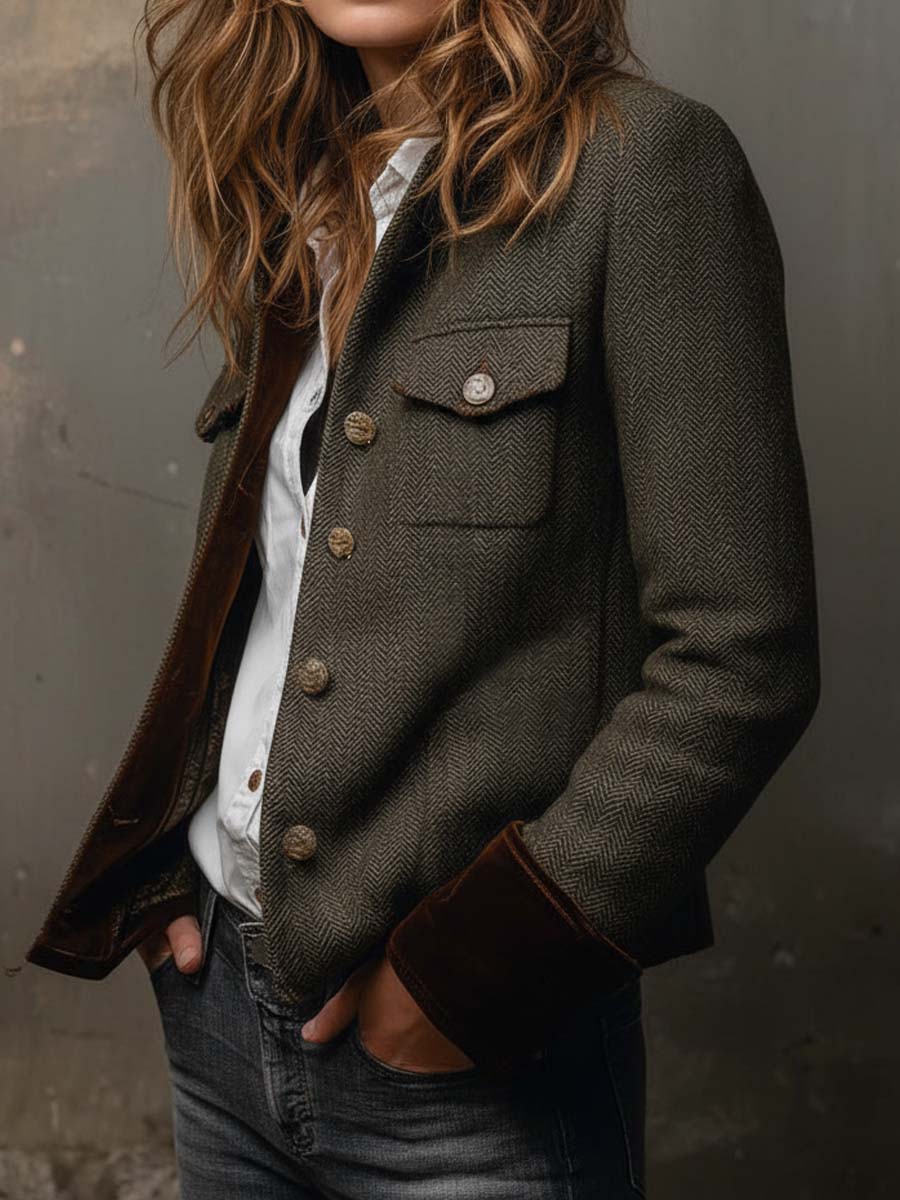 Wilhelmina | Herringbone Contrast-Trim Vintage Blazer