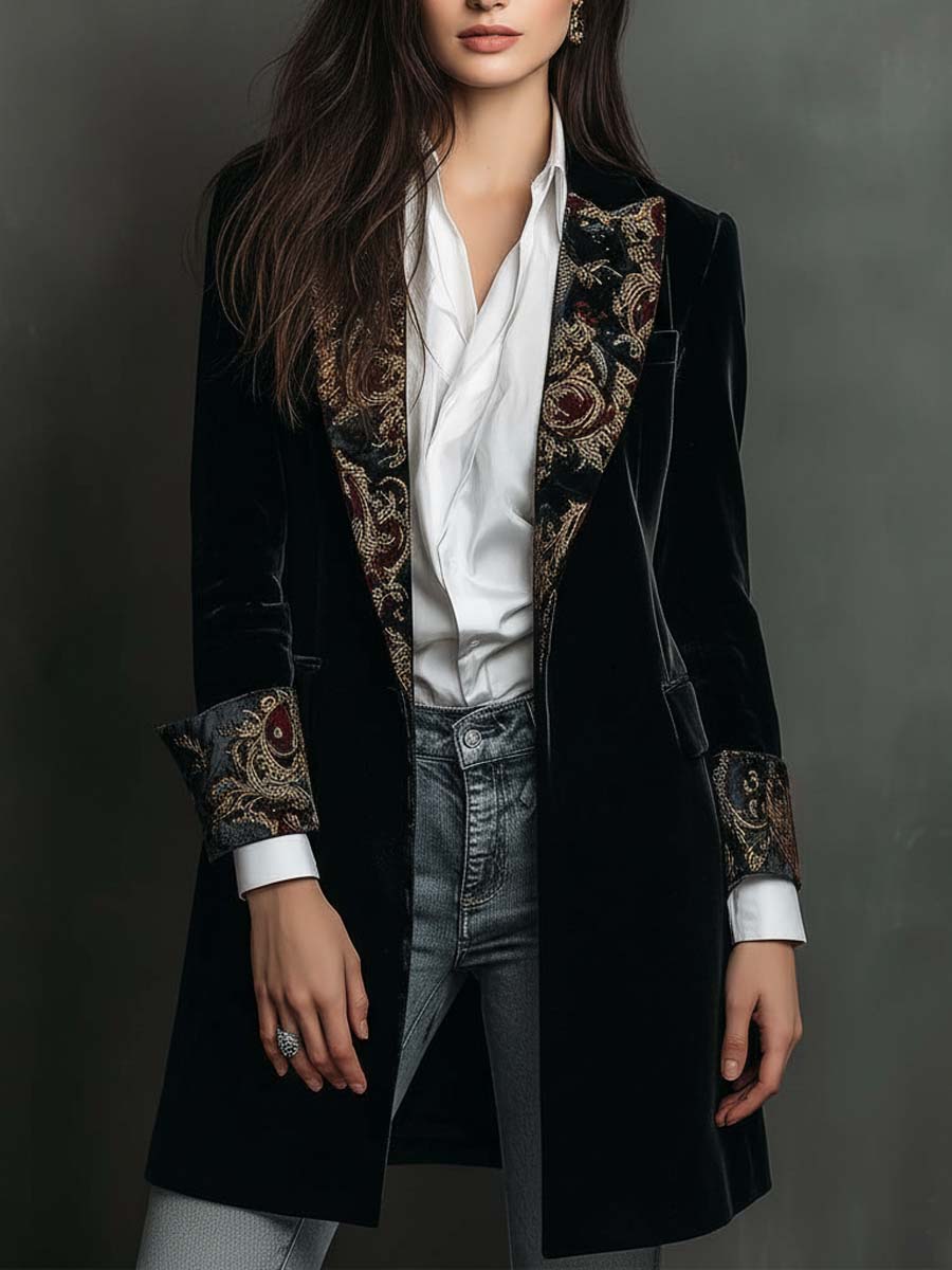 Delphine | Black Baroque-Print Slim Fit Blazer