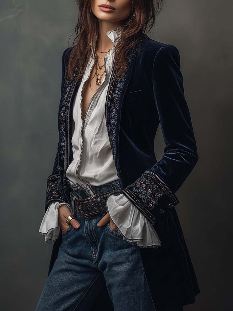 Josephine | Navy Embroidered Vintage Longline Jacket