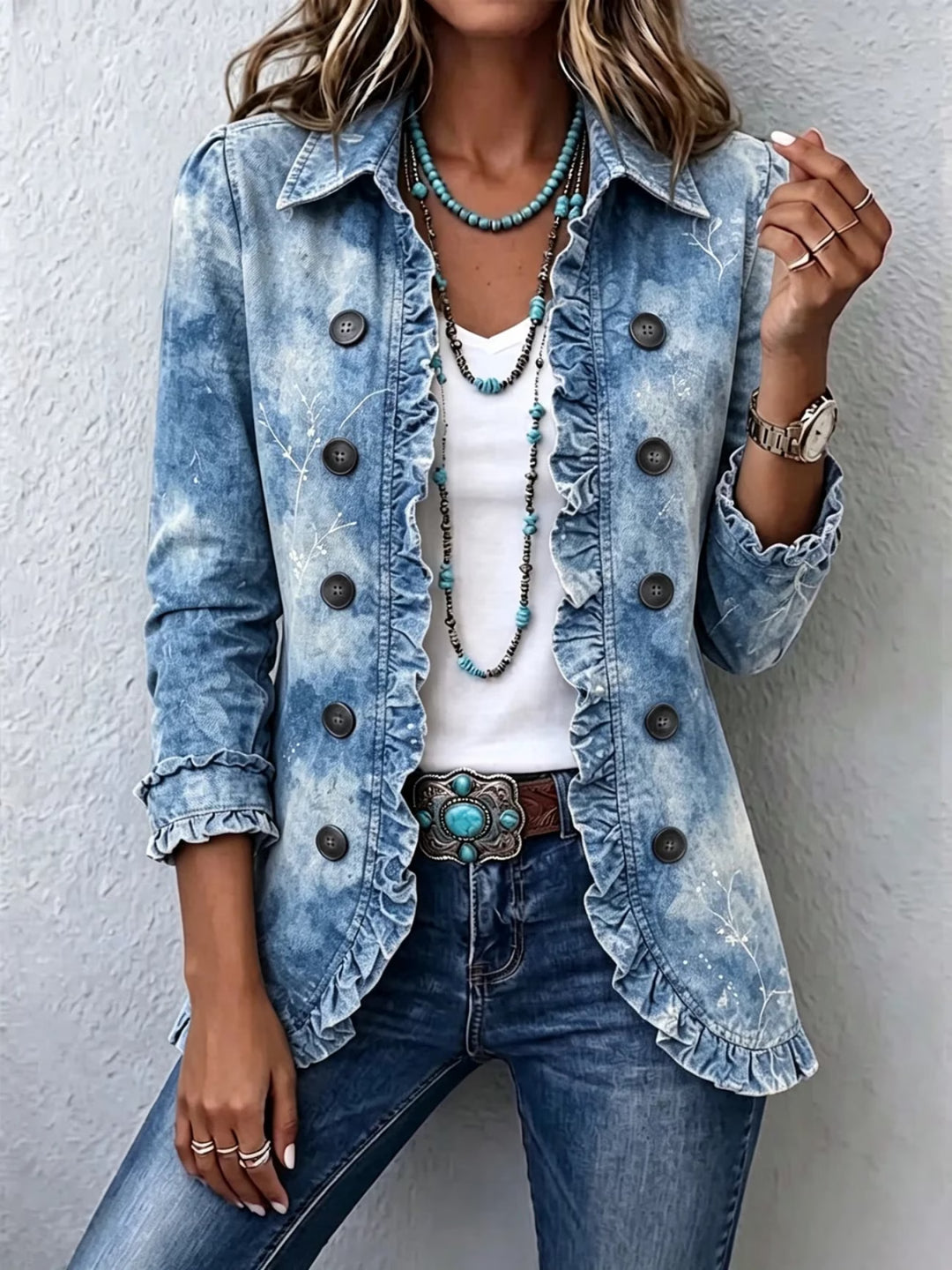 Azurelle™ | Women's Washed Blue Ruffle Jacket