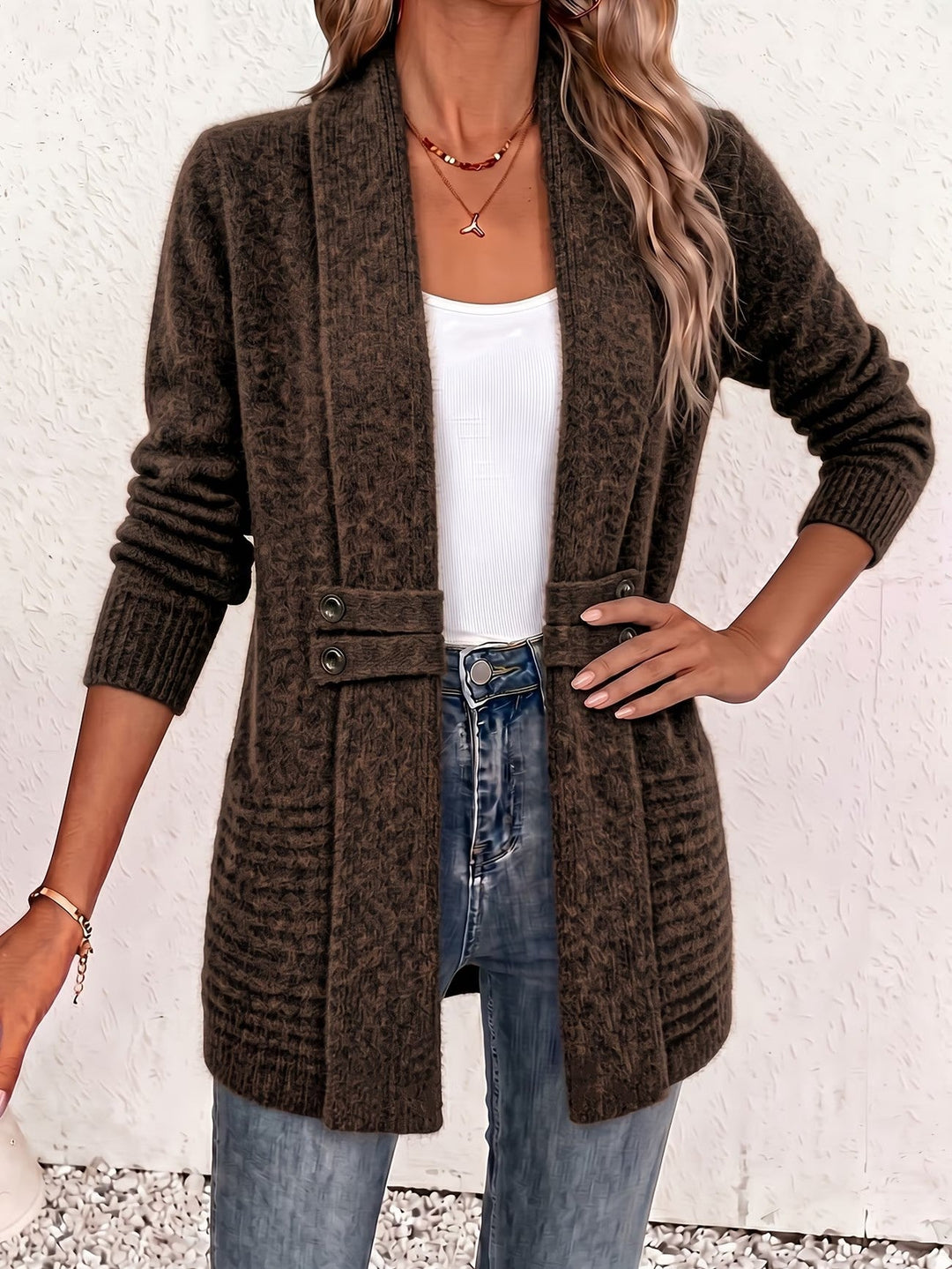 Camille™ | Chocolate Ribbed Knit Button-Tab Cardigan