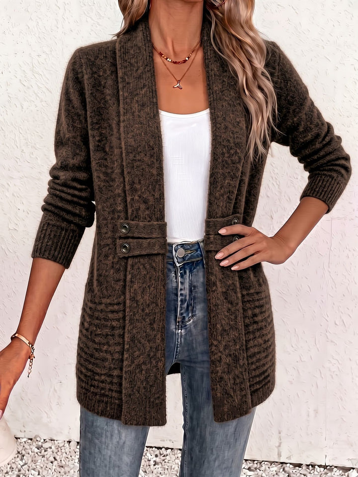 Camille™ | Chocolate Ribbed Knit Button-Tab Cardigan