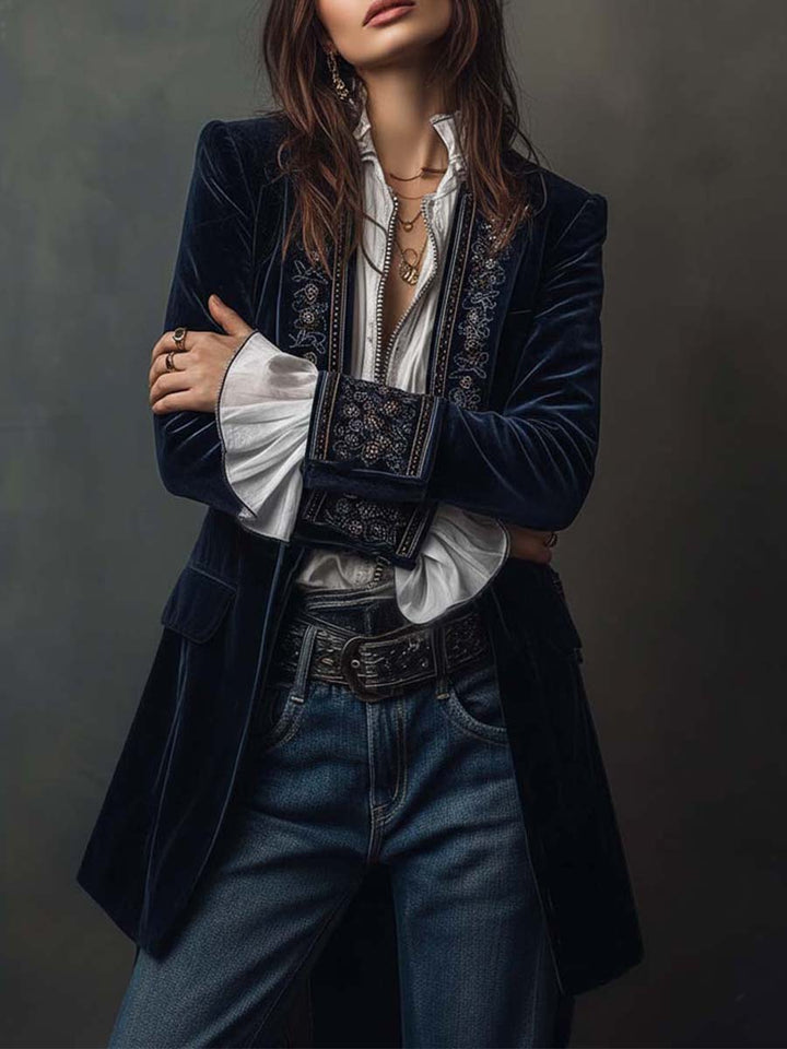 Josephine | Navy Embroidered Vintage Longline Jacket