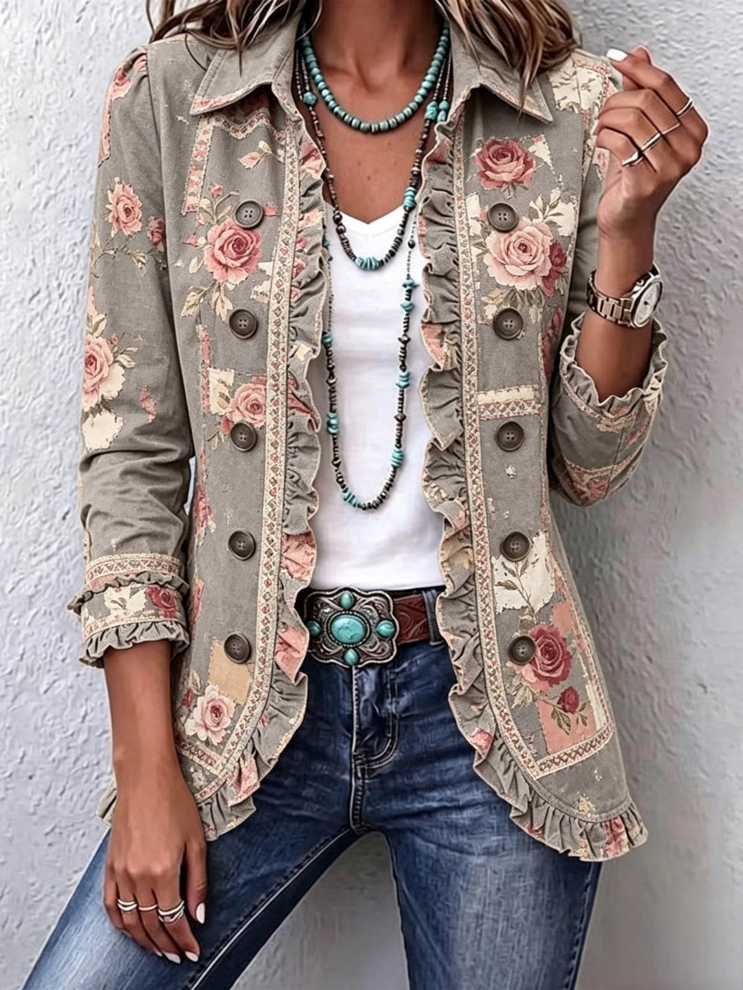 Elowyse™ | Women's Taupe Rose Floral Ruffle Jacket