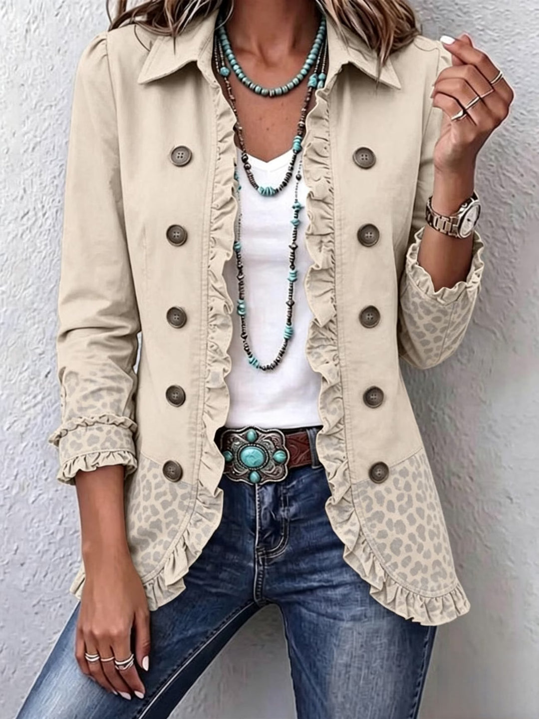 Linnora™ | Women's Ivory Sand Ruffle Trim Jacket