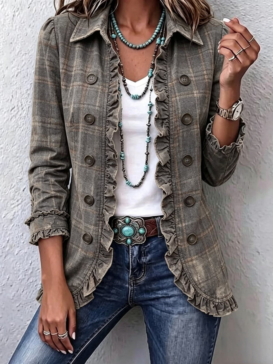 Havelyn™ | Women's Olive Plaid Ruffle Trim Jacket