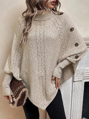 Alexis | High Neck Batwing Poncho Sweater, Asymmetrical Cable Knit Pullover