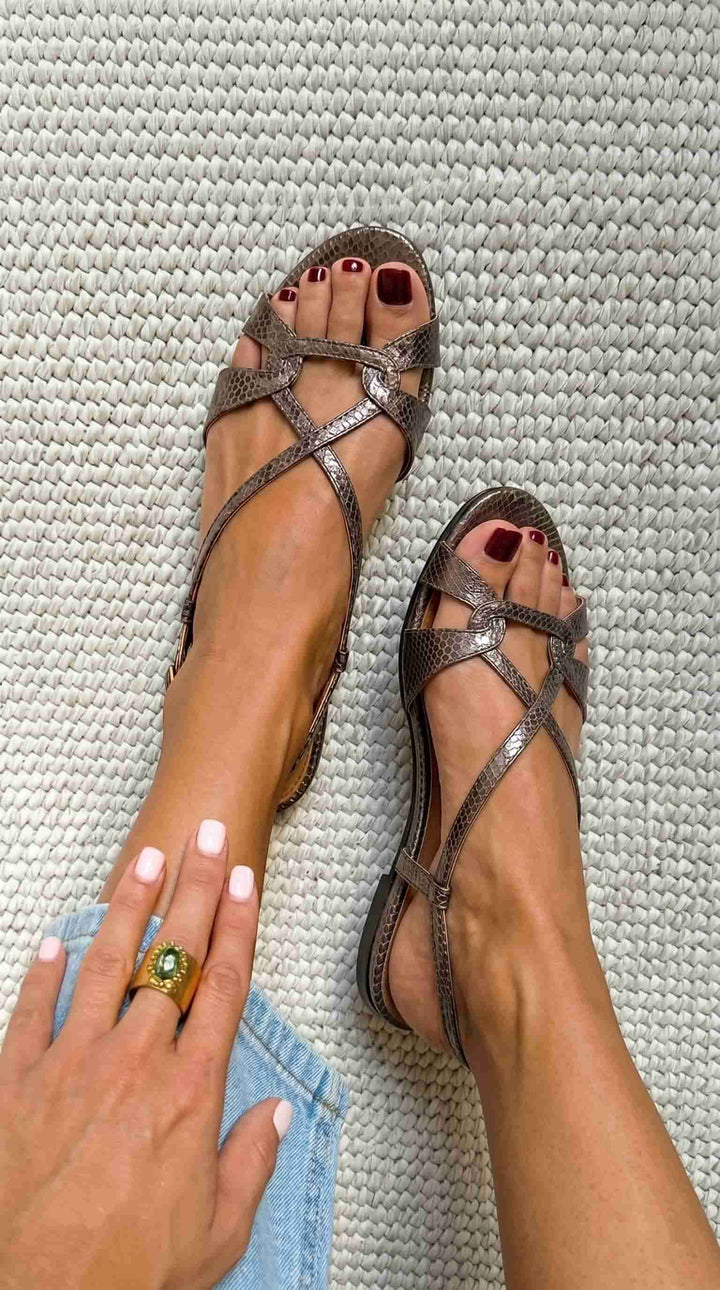 Geela - Bronze Snake-Effect Open-Toe Slingback Flat Sandals