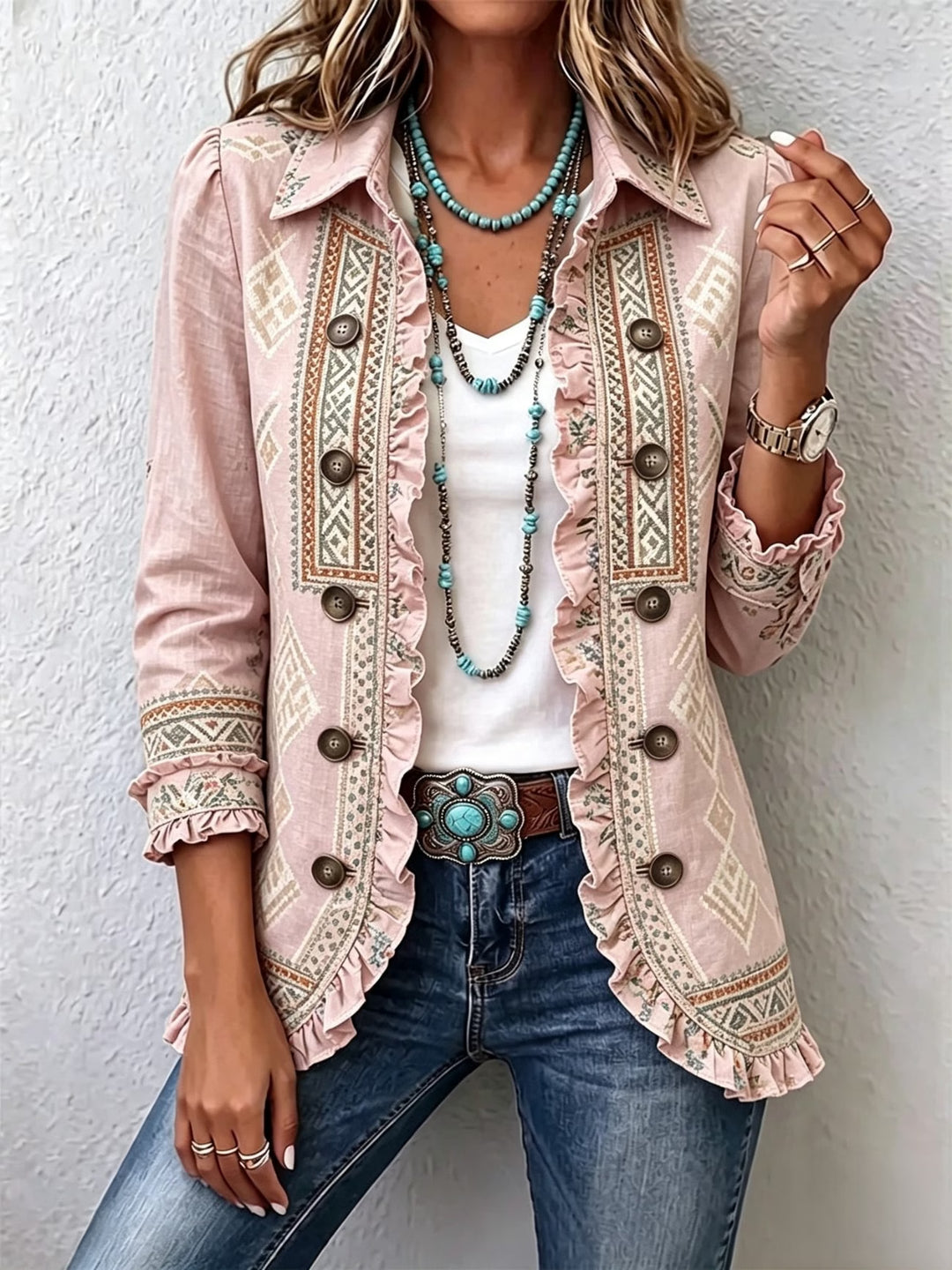 Rosellyn™ | Women's Blush Aztec Double-Breasted Ruffle Jacket