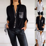 VERITY | SEQUIN TRIM BUTTON-UP SHIRT