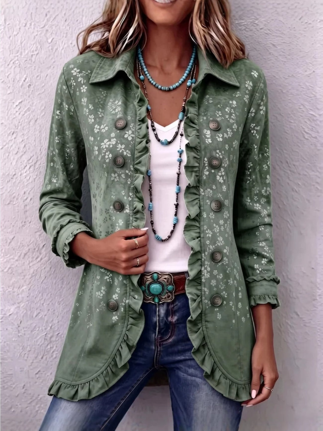Verowyn™ | Women's Olive Ditsy Floral Ruffle Jacket