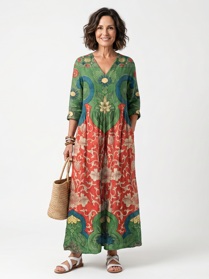 Sloane™ | Women's Mixed Print V-Neck Pocket Midi Dress