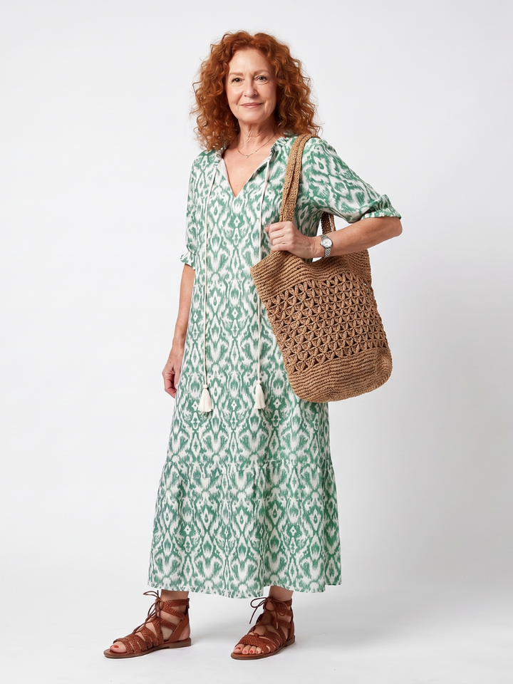 Ilara™ | Women's Patterned V-Neck Tassel Midi Dress