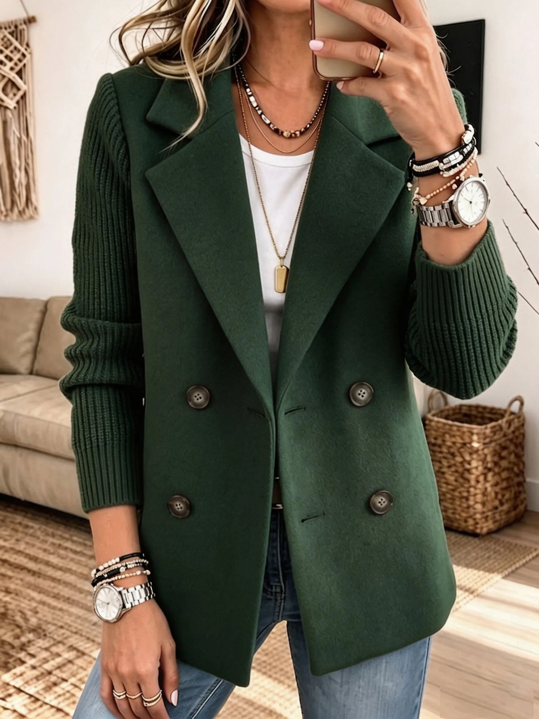 Sabine™ | Double-Breasted Blazer with Knit Sleeves