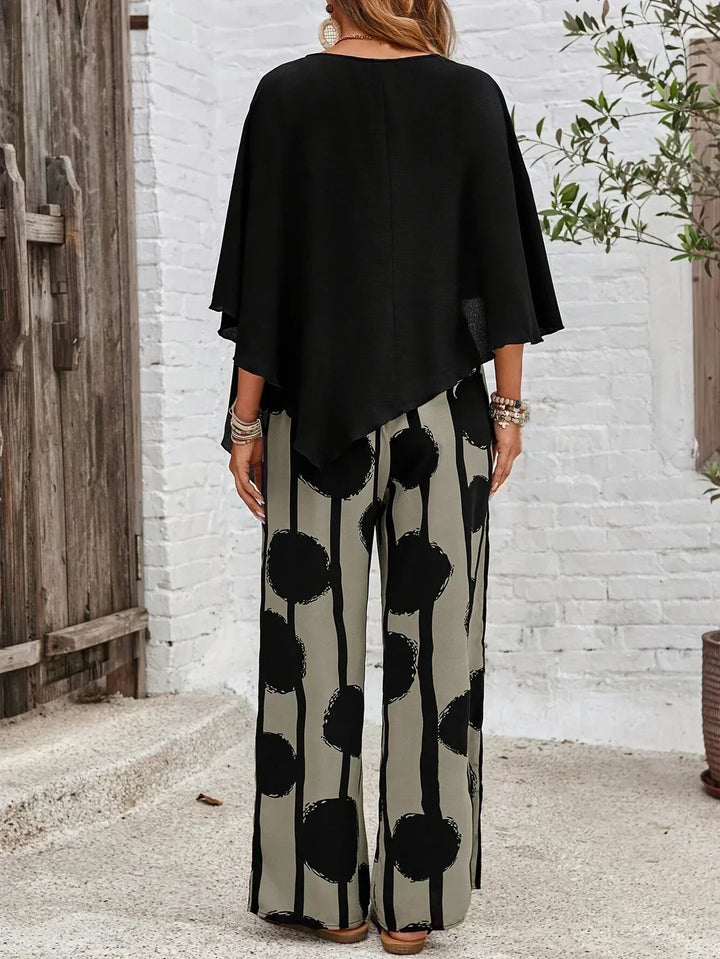 Valeriana™ | Women's Asymmetric Top &amp; Abstract Wide-Leg Pants Two-Piece Set