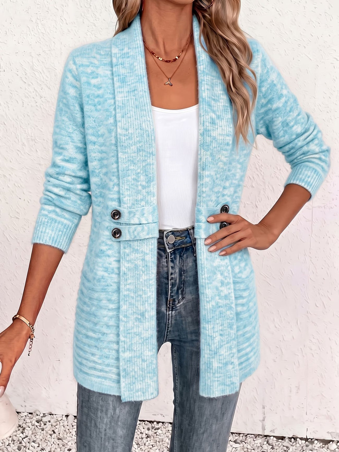 Nova™ | Aqua Ribbed Knit Button-Tab Cardigan