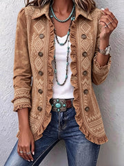 Tarienne™ | Women's Camel Aztec Print Ruffle Jacket