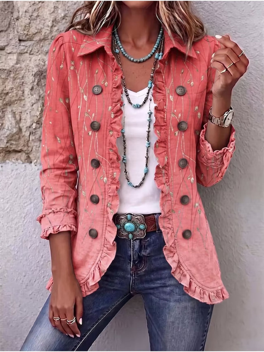 Caprienne™ | Women's Coral Speckled Ruffle Trim Jacket