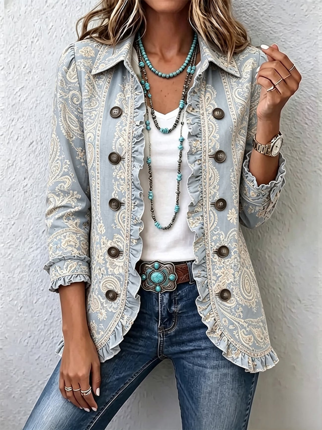 Marlisse™ | Women's Mist Blue Paisley Ruffle Jacket