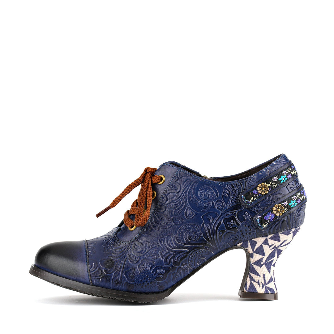 Nicolasa | Women's Floral Embossed Lace-Up Heels