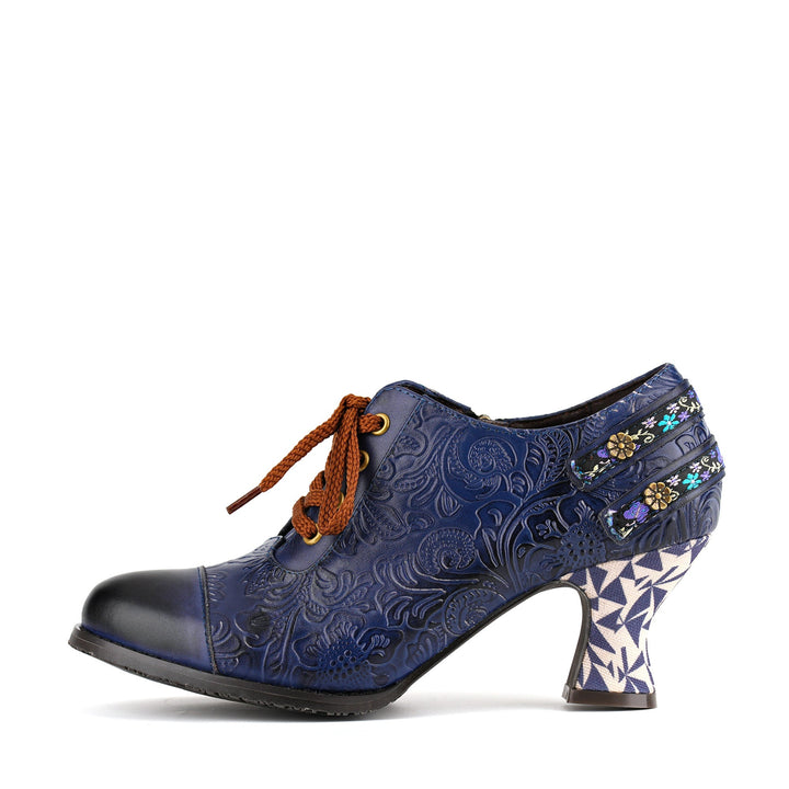 Nicolasa | Women's Floral Embossed Lace-Up Heels