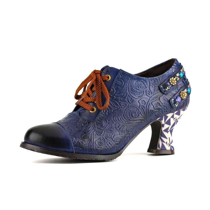 Nicolasa | Women's Floral Embossed Lace-Up Heels