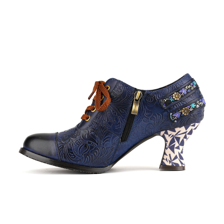 Nicolasa | Women's Floral Embossed Lace-Up Heels