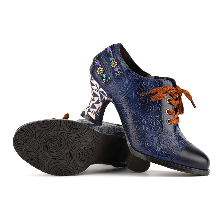 Nicolasa | Women's Floral Embossed Lace-Up Heels