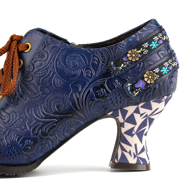 Nicolasa | Women's Floral Embossed Lace-Up Heels