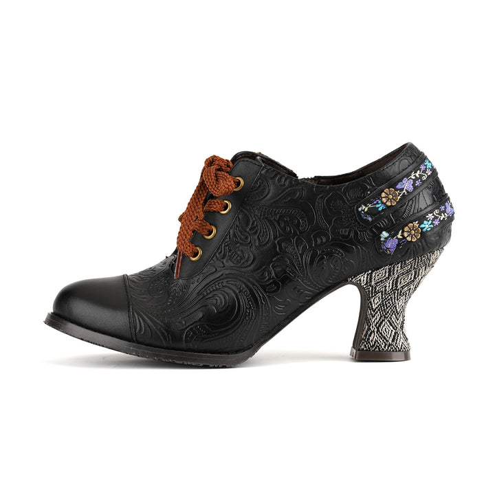 Nicolasa | Women's Floral Embossed Lace-Up Heels