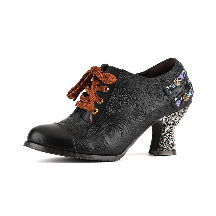 Nicolasa | Women's Floral Embossed Lace-Up Heels